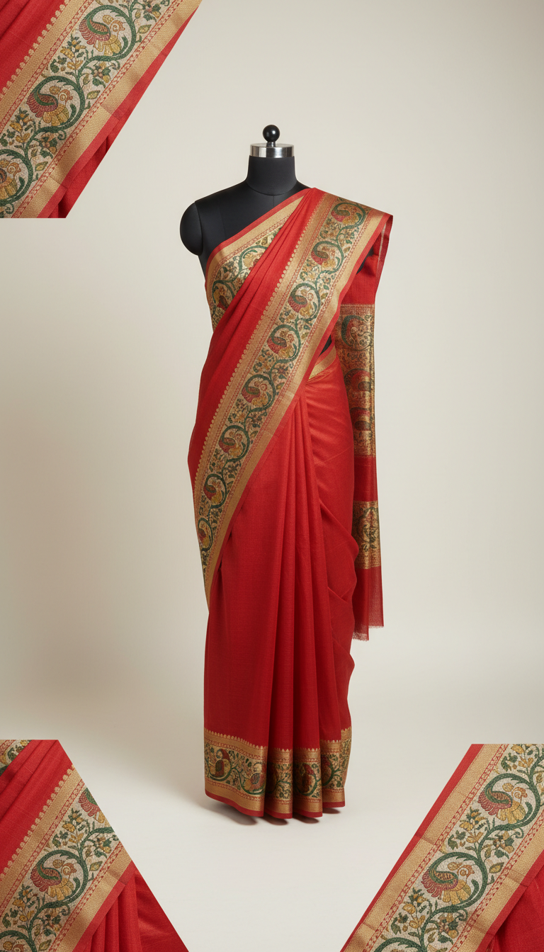 Sindoor Red Cotton Saree with Heritage Border