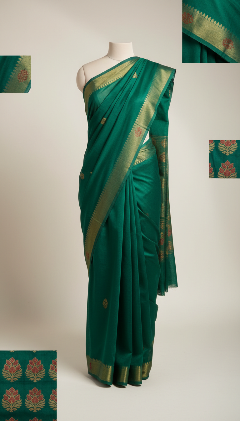 Emerald Green Cotton Saree with Delicate Layering